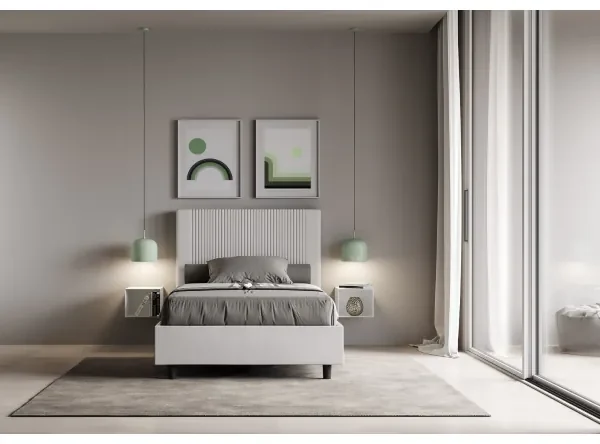 Letto contenitore imbottito 140x210 similpelle bianco Goya