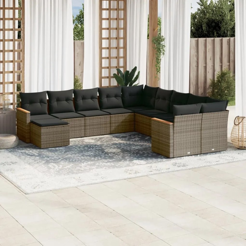 Set divani da giardino 11 pz con cuscini in polyrattan grigio