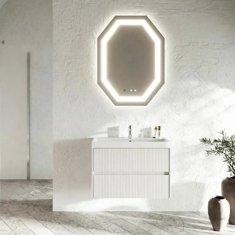 Base sospesa Portofino 80 cm con lavabo e 2 cassetti bianco opaco cannettato