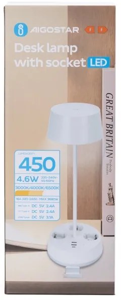 Aigostar - Lampada da tavolo dimmerabile a LED con prese e porta USB, 4,6W/230V, bianca