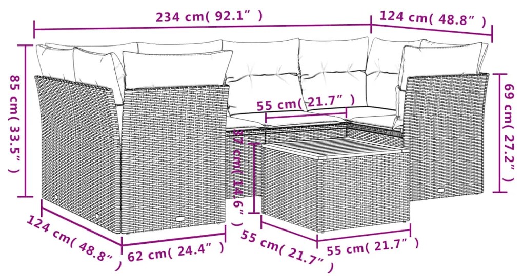 Set divani da giardino 7 pz con cuscini beige in polyrattan