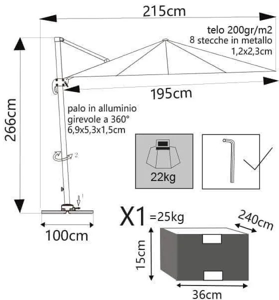 MERIDIES - ombrellone da giardino decentrato 2 x 3 m