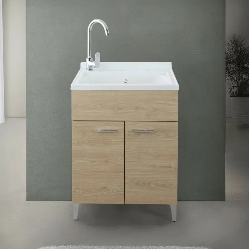 Mobile lavatoio 60x50 cm rovere con vasca in resina e asse lavapanni