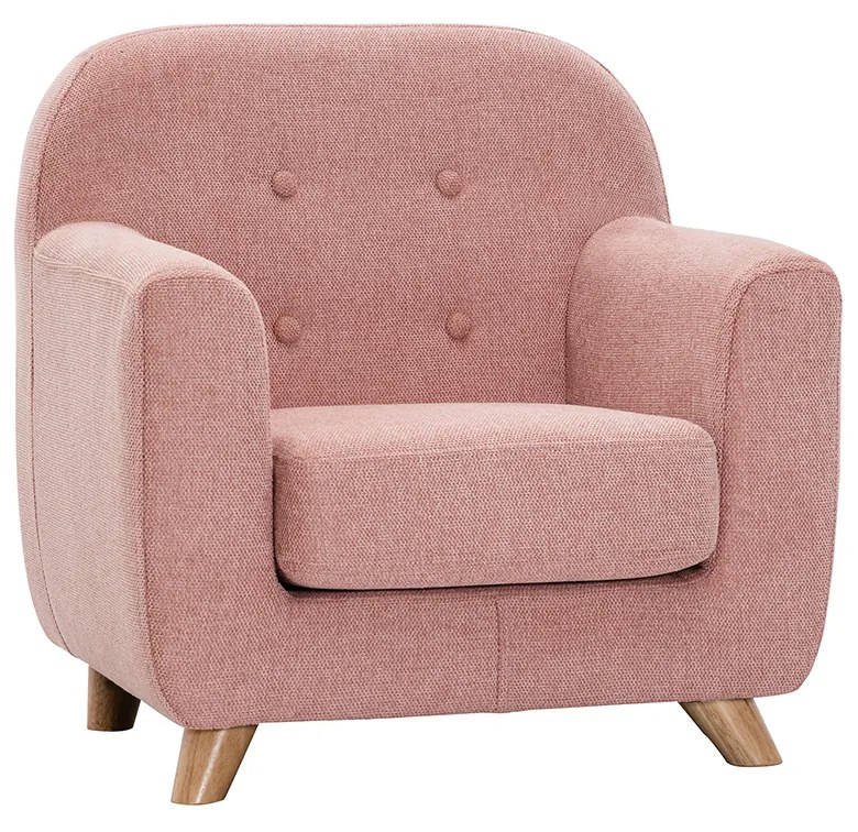 Poltrona scandinava per bambini in tessuto effetto velluto testurizzato rosa e legno chiaro NORKID