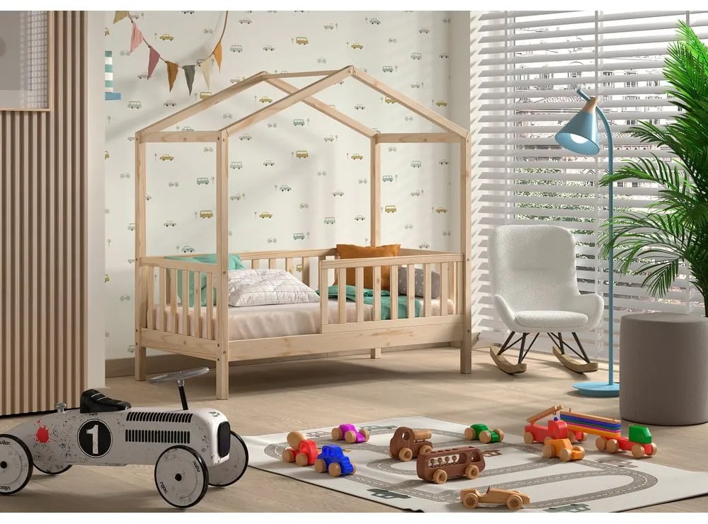 Letto da bambini a forma di casa di colore naturale in pino massiccio con rete inclusa 70x140 cm DALLAS – Vipack