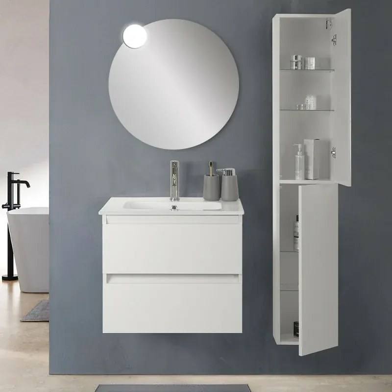 Mobile bagno sospeso 60cm in legno bianco lucido 2 cassettoni con lavabo e specchio Leda