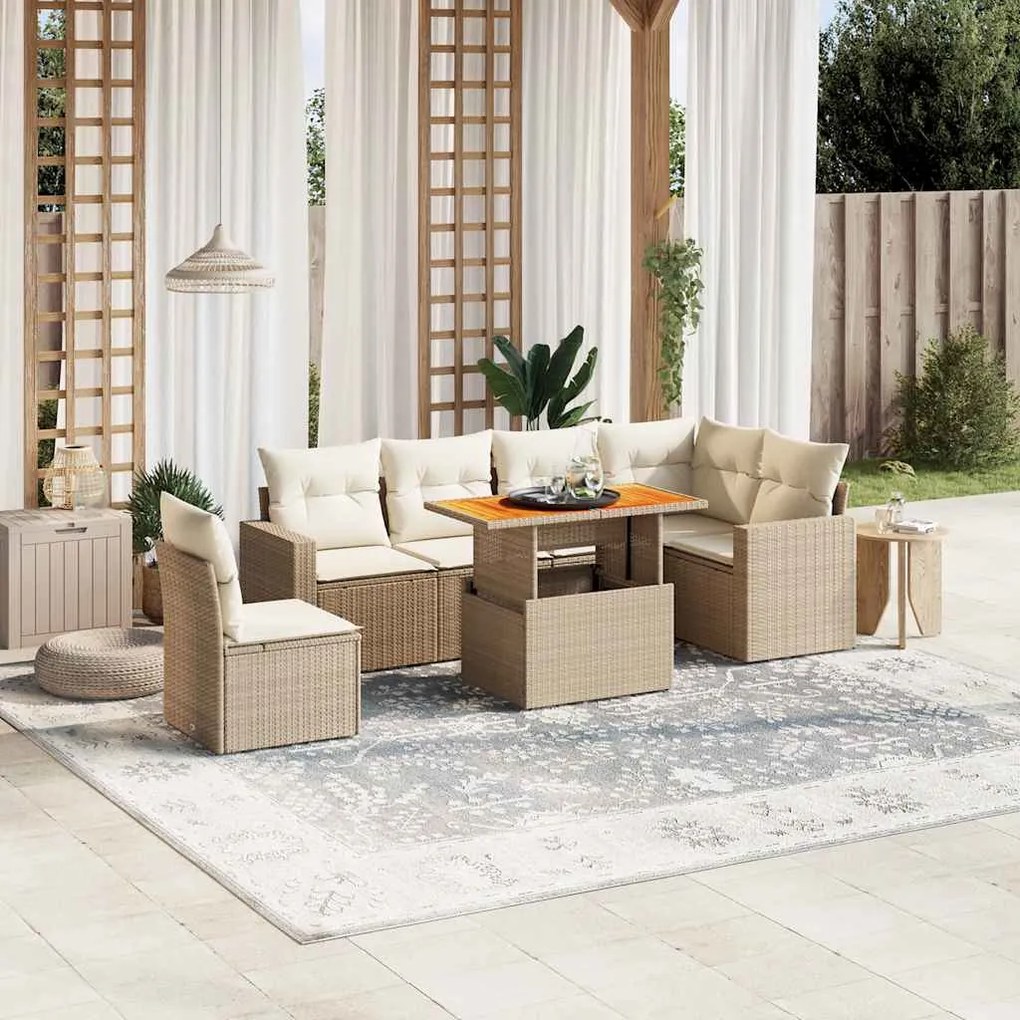 Set divani da giardino 7 pz con cuscini beige in polyrattan