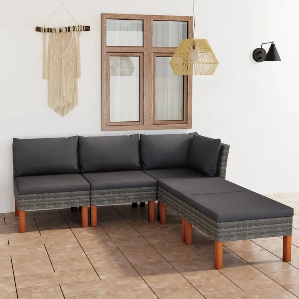 Set divani da giardino 5 pz con cuscini in polyrattan grigio