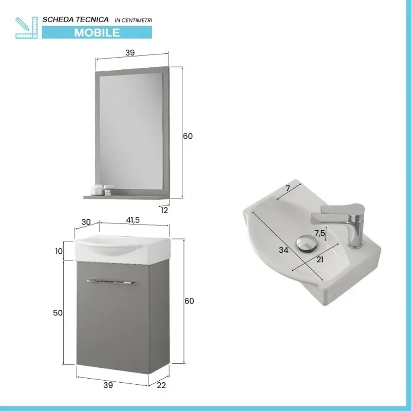 Mobiletto bagno sospeso 39 cm mini salvaspazio grigio 1 anta Elys