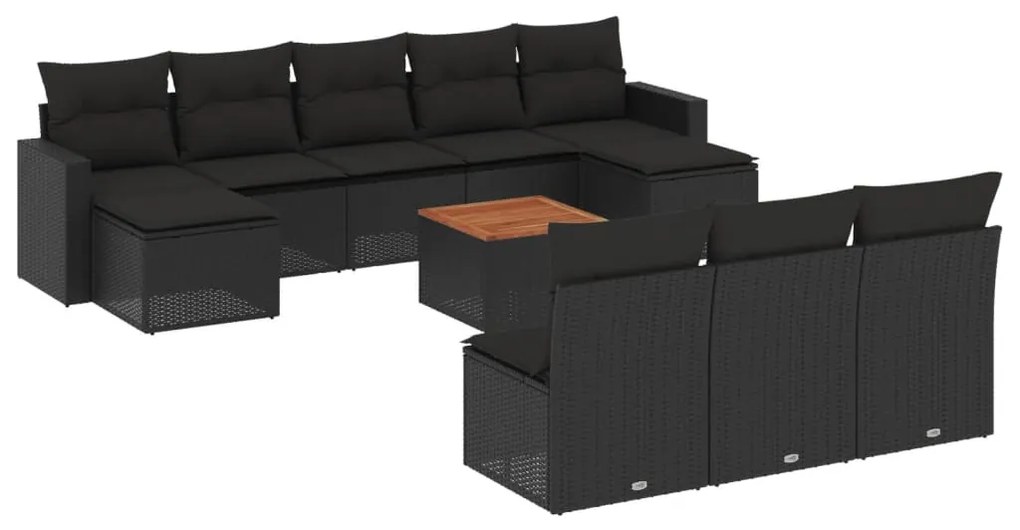 Set divani da giardino 11 pz con cuscini in polyrattan nero