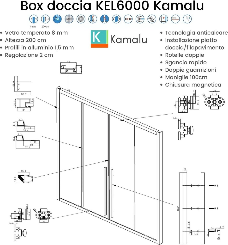 Nicchia doccia 150 cm doppio scorrevole vetro 8mm altezza 200h | KEL6000 - KAMALU
