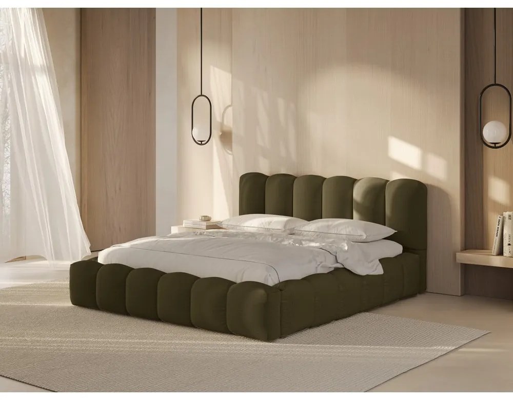 Letto matrimoniale imbottito verde con contenitore con rete inclusa 200x200 cm Lupine – Micadoni