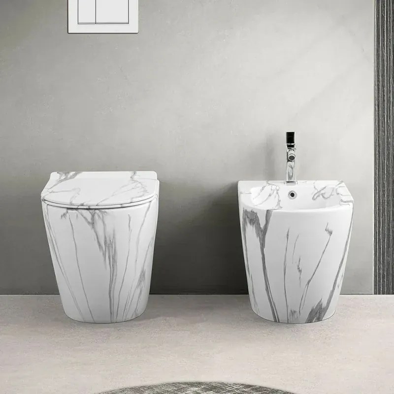 WC filomuro Rimless in ceramica marmorizzata bianca con sedile Tokyo