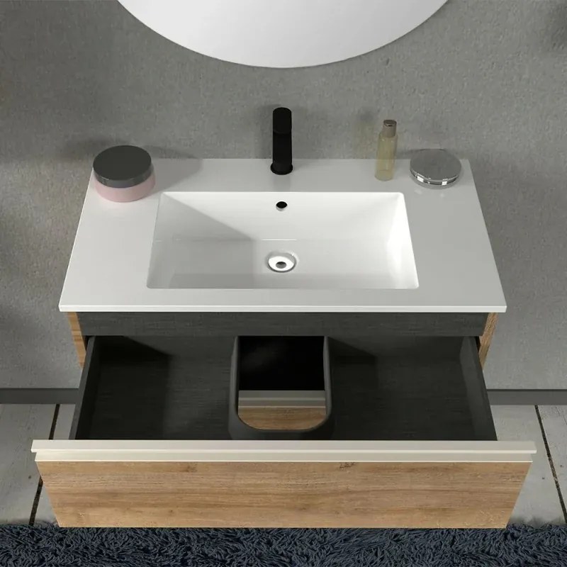 Mobile bagno sospeso 80 cm rovere miele con lavabo e specchio Master