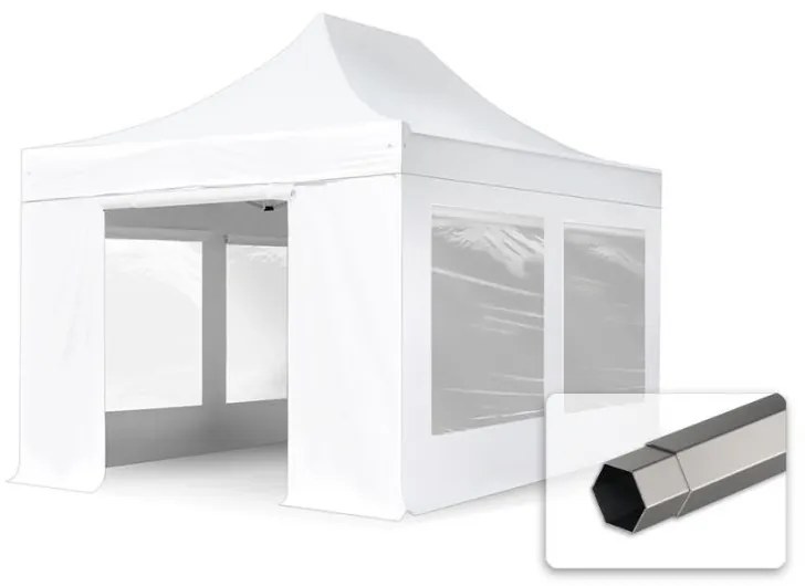 TOOLPORT 3x4,5 m gazebo pieghevole PVC con laterali (finestre panoramiche), PREMIUM acciaio, bianco - (600118)