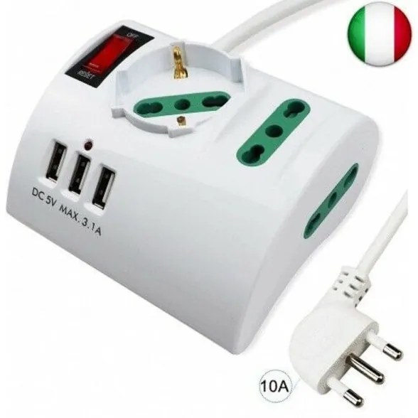 Trade Shop - Multipresa Elettrica Da Scrivania Tavolo Con 3 Presa 3 Usb Bianco Shuko Bipasso