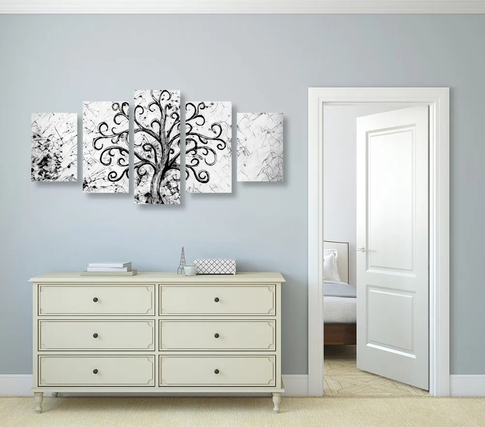 Quadri 5 pezzi – Simbolo dell'albero della vita in bianco e nero