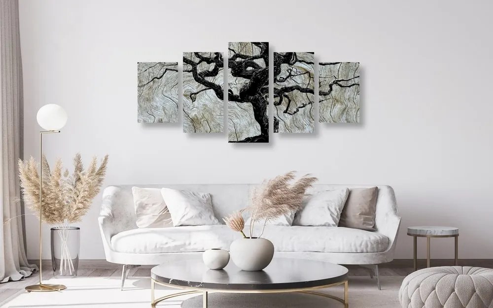 Quadri 5 pezzi – Albero astratto su legno