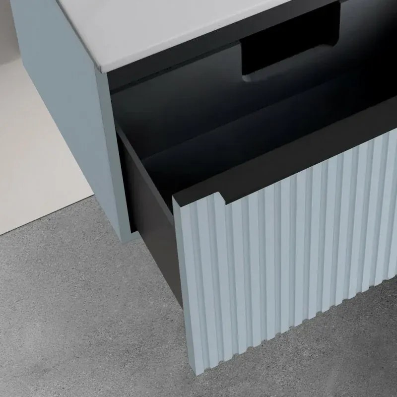 Mobile bagno sospeso 100 cm azzurro polvere cannettato con cassetto, specchio e lavabo Nara