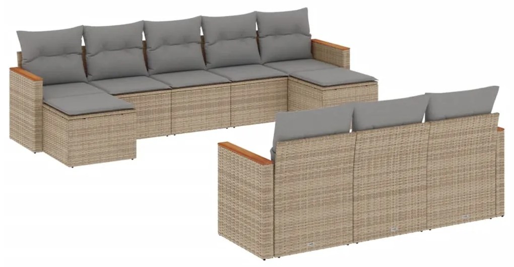 Set divano da giardino 10 pz con cuscini beige in polyrattan