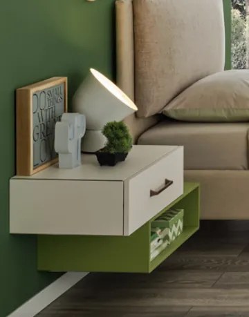 Comodino sospeso con un cassetto e un vano a giorno, Bianco luce e Flora laccato