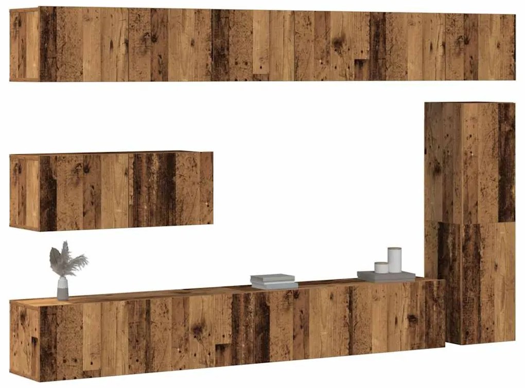 Set Mobile Tv 7 Pz Montato A Parete Legno Antico İn Truciolato /