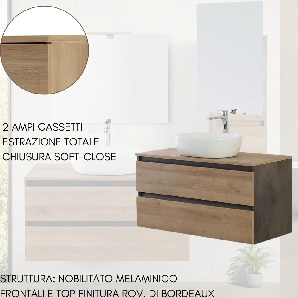 Mobile Bagno Sospeso con Lavabo da Appoggio e Specchio 2 Cassetti Salvaspazio in Legno cm 100 – Rovere di Bordeaux