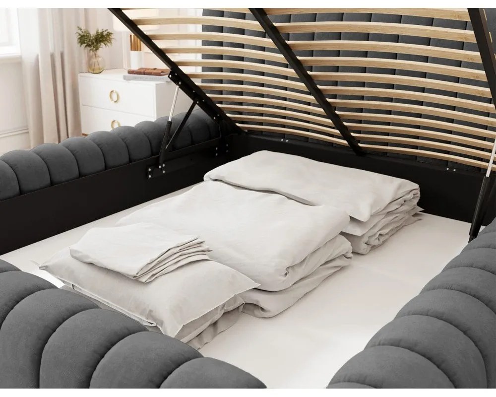 Letto matrimoniale imbottito grigio scuro con contenitore e rete inclusi 180x200 cm Carilla – ELTAP