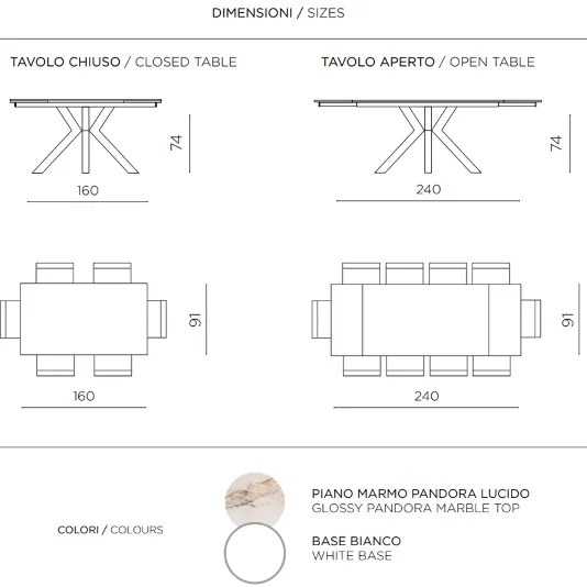 Tavolo allungabile a 240 cm in pietra effetto marmo Pandora SKY