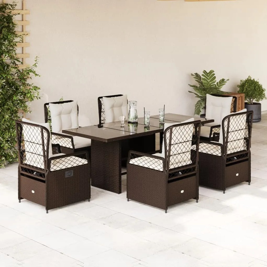 Set da pranzo da giardino 7pz con cuscini in polyrattan marrone