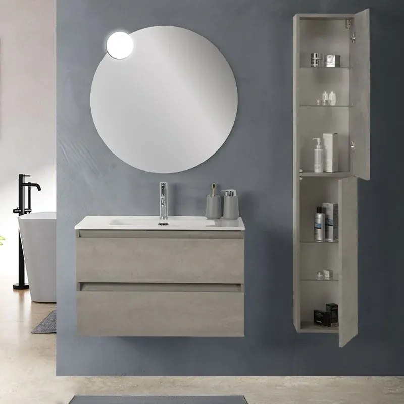 Mobile bagno sospeso 80 cm in legno grigio cemento 2 cassettoni con lavabo e specchio Leda