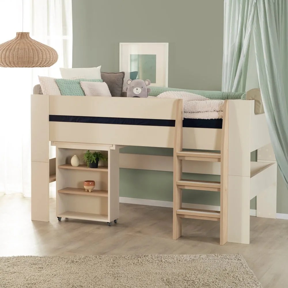 Letto da bambini rialzato beige con contenitore e scrivania rete non inclusa 90x200 cm Studio – Roba