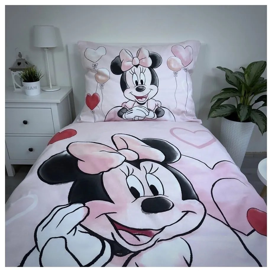 Set copripiumino e federa da bambini rosa in cotone per letto singolo 140x200 cm Minnie "Balloon" – Jerry Fabrics