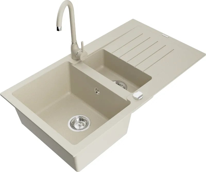 Mexen Matias lavello in granito 1,5 vasche con scolapiatti e rubinetto da cucina Telma, beige - 6502-69-670200-69