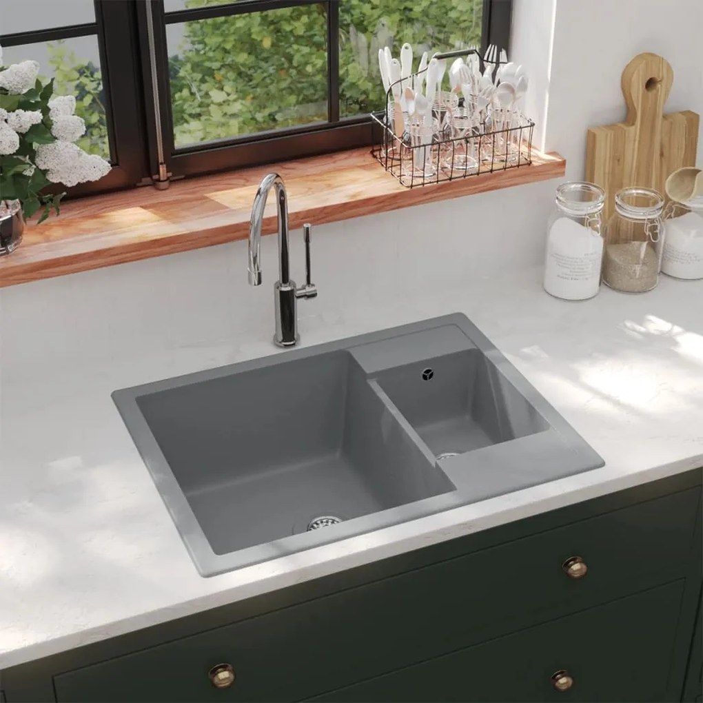 Lavello Da Cucina Doppio Con Foro Troppopieno Grigio İn Granito /