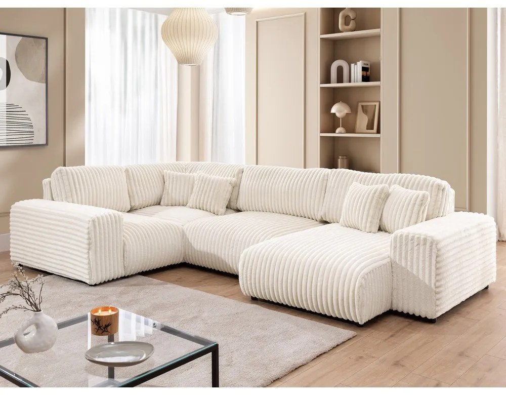 Divano angolare color crema (con penisola a sinistra/a U) rivestito in velluto a coste Justin – Ropez