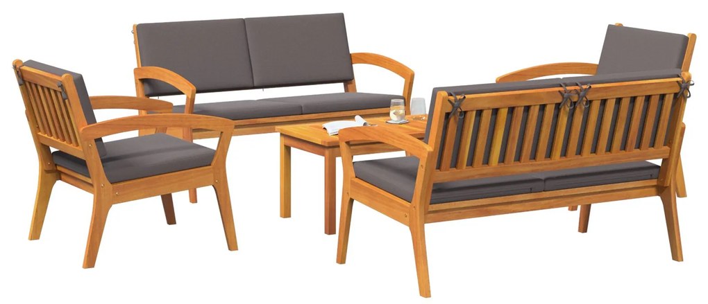Set bistro da 5 pezzi con cuscini in legno massello di acacia