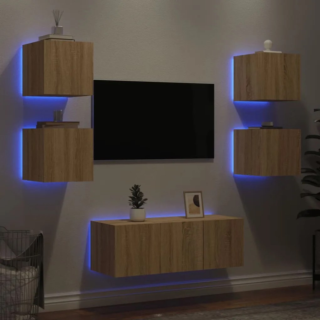 Mobili tv a muro con led 6pz rovere sonoma legno multistrato