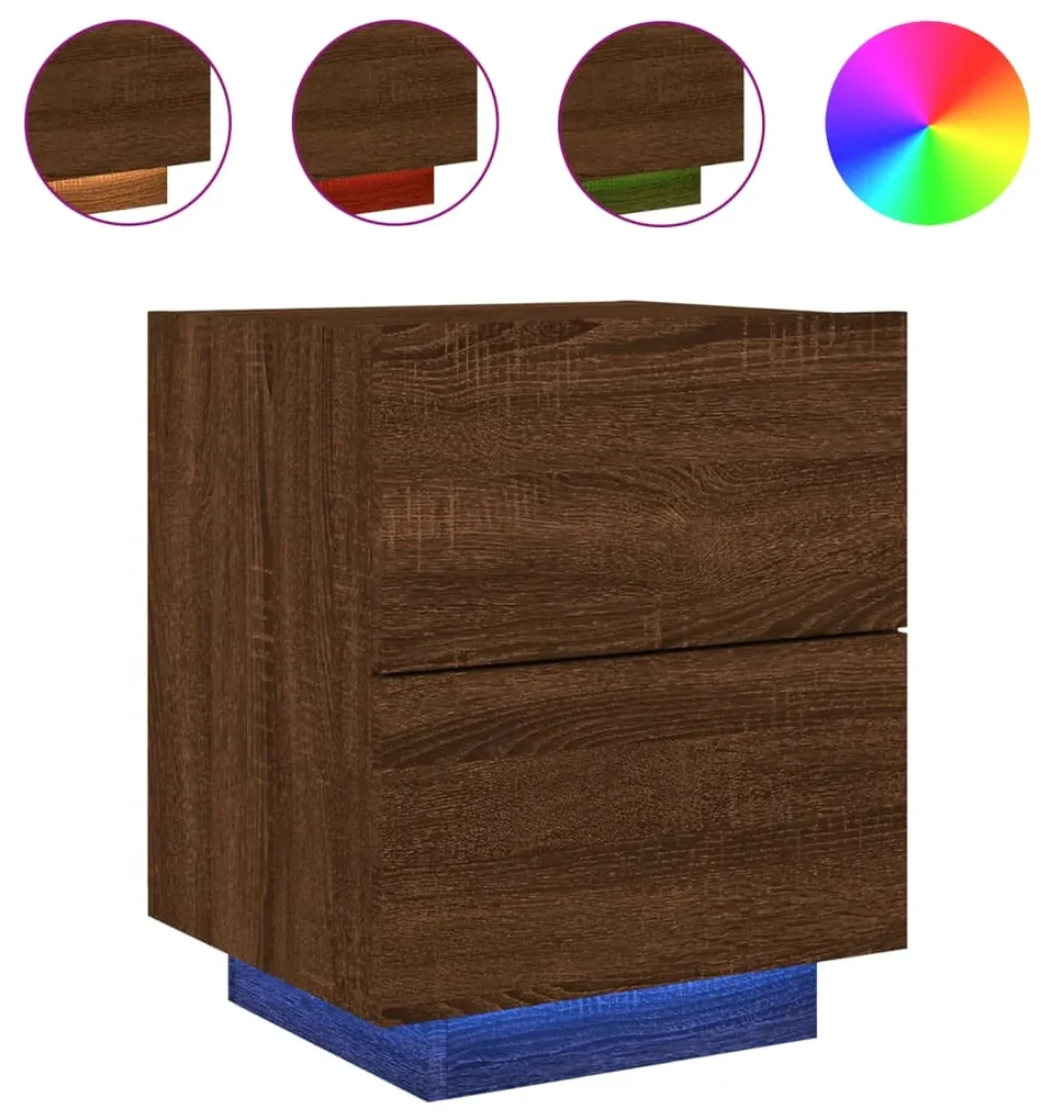 Comodini con luci led 2pz rovere marrone in legno multistrato