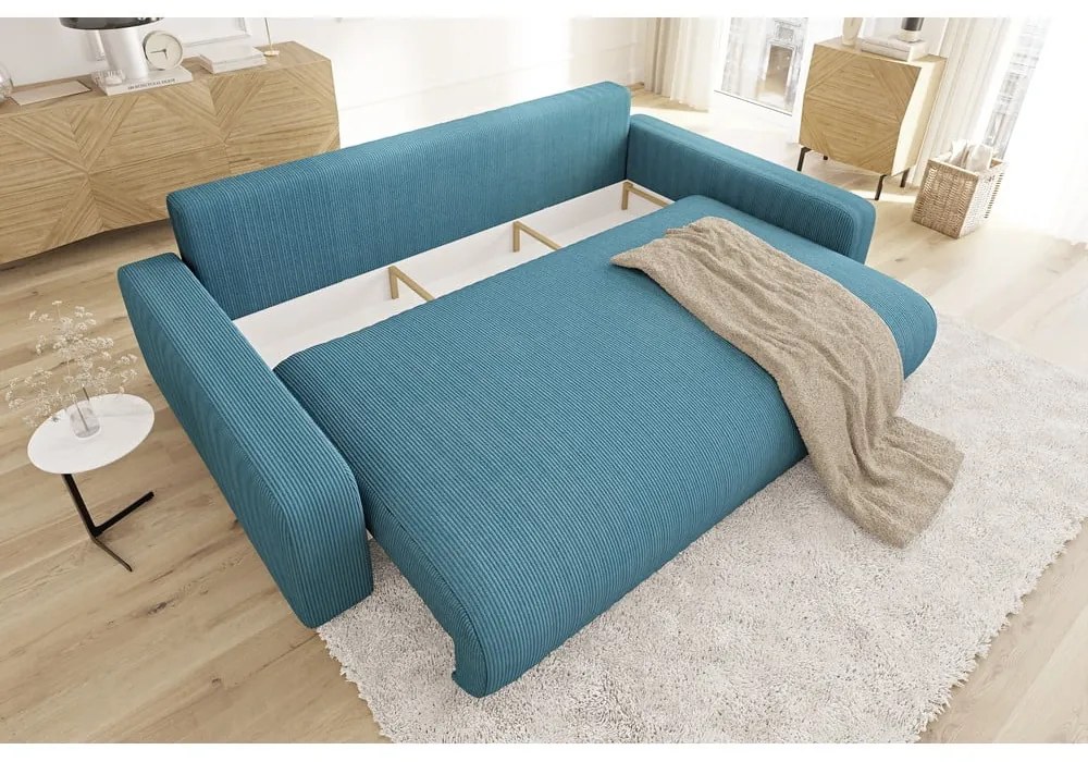 Divano turchese allungabile/con contenitore con rivestimento in velluto a coste 234 cm Sara – Ropez