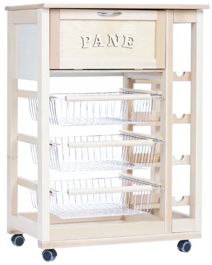 Carrello portafrutta con portapane e portabottiglie Naturale