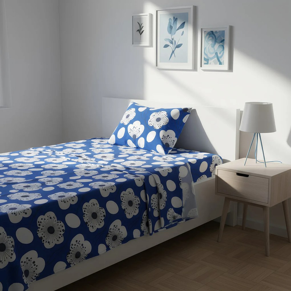 Completo letto 1 piazza e mezza blu fiori bianchi