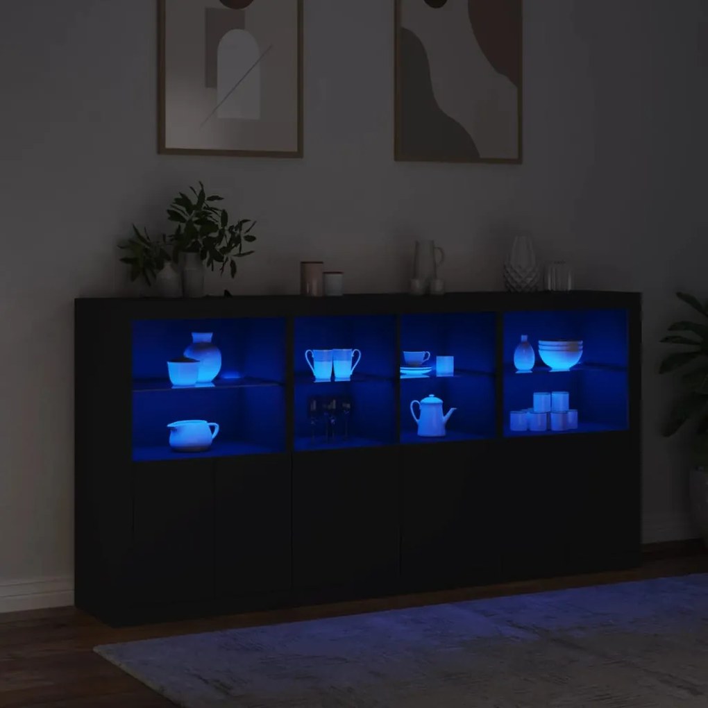 Credenza con luci led nera 202x37x100 cm