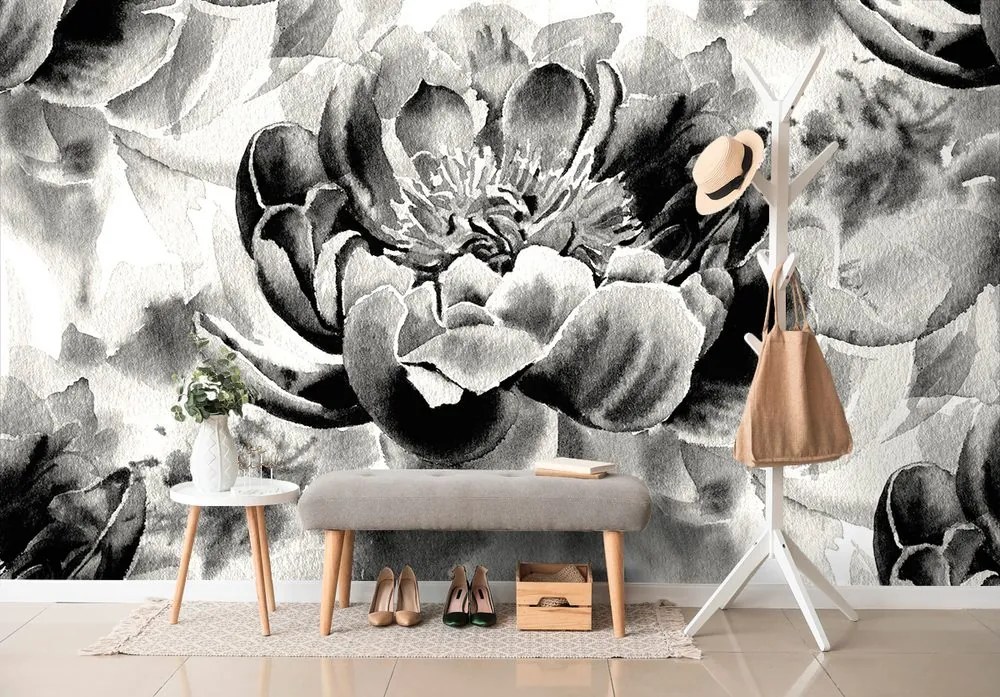 Carta da parati autoadesiva – Peonie in bianco e nero