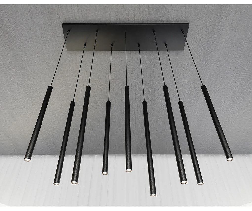 Lampadario 9 Luci Moderno Shu Acciaio Nero E Paralumi A Cilindri Sottili