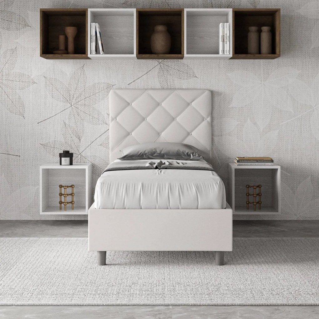 Letto singolo imbottito similpelle Priya con e senza rete e contenitore 80x200, Bianco / Con Rete