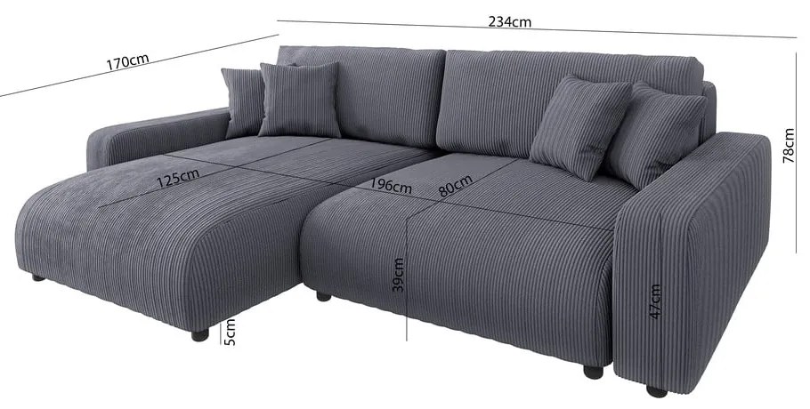 Divano letto angolare in velluto a coste grigio scuro (penisola variabile) Sara - Ropez