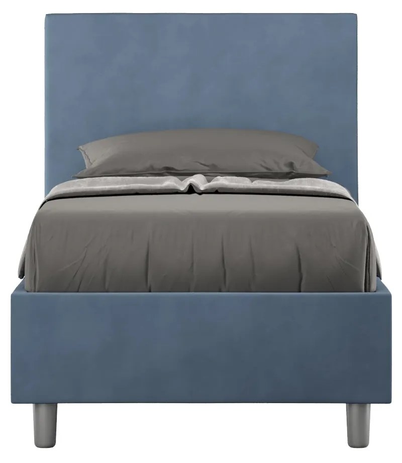 Letto singolo imbottito 80x210 microfibra Adele senza rete, con rete, contenitore, Blu / Contenitore
