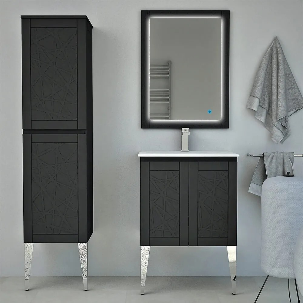 Mobile bagno finitura grafite a terra 60 cm con lavorazione a rilievo con specchio led touch e colonna da 140 cm