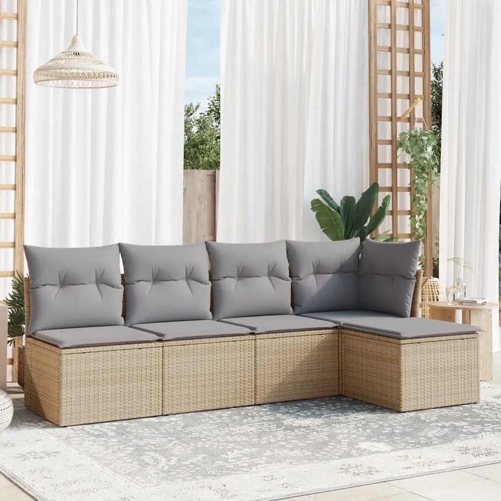 Set Divano da Giardino 5 pz con Cuscini Beige in Polyrattan